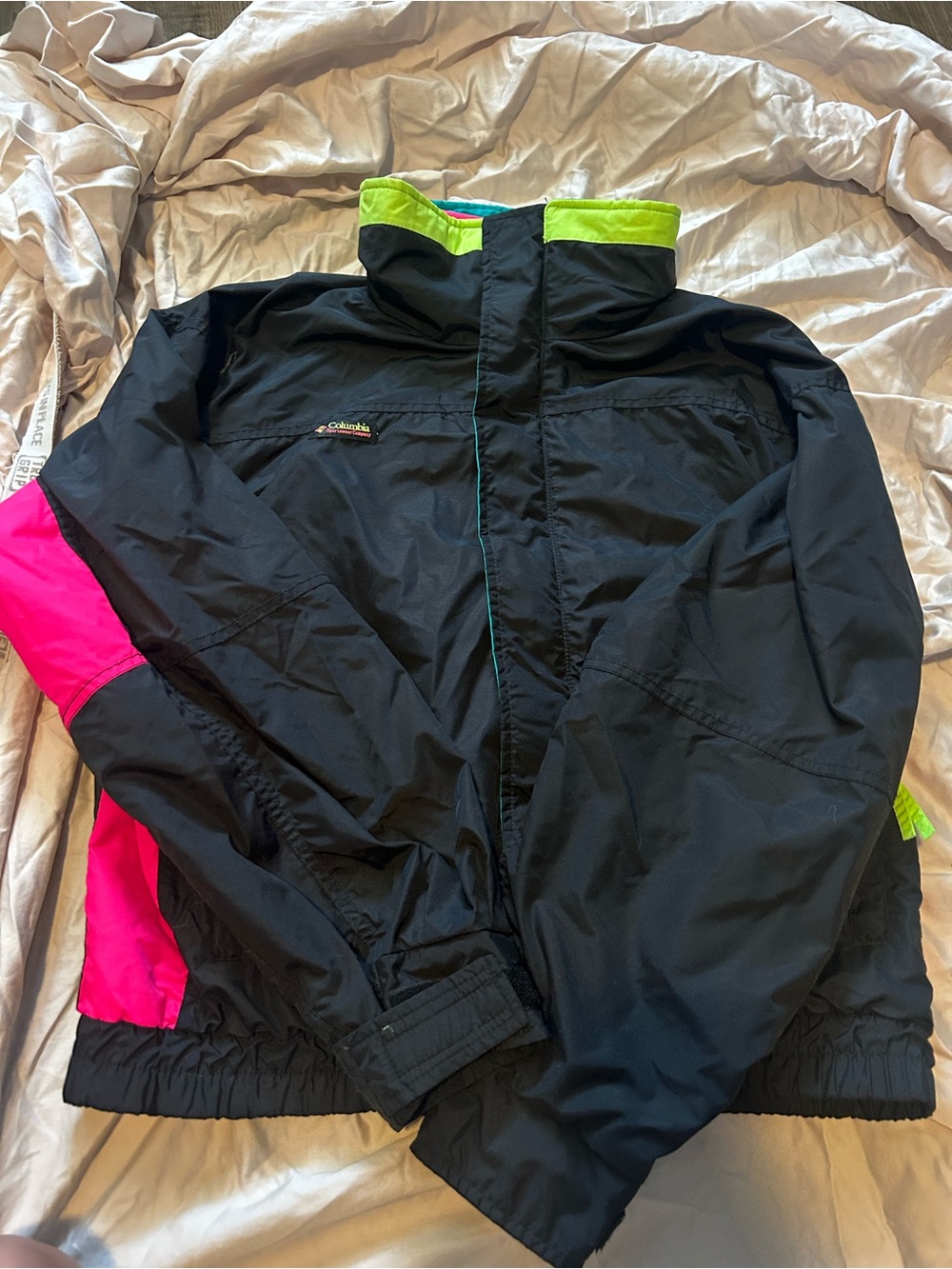 Columbia Black Jacket with Neon Green Collar and Hot Pink Side Panels